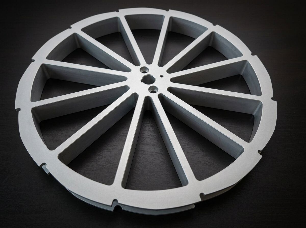 Machined aluminum spoked vane plate cut on a 5-axis machining centre