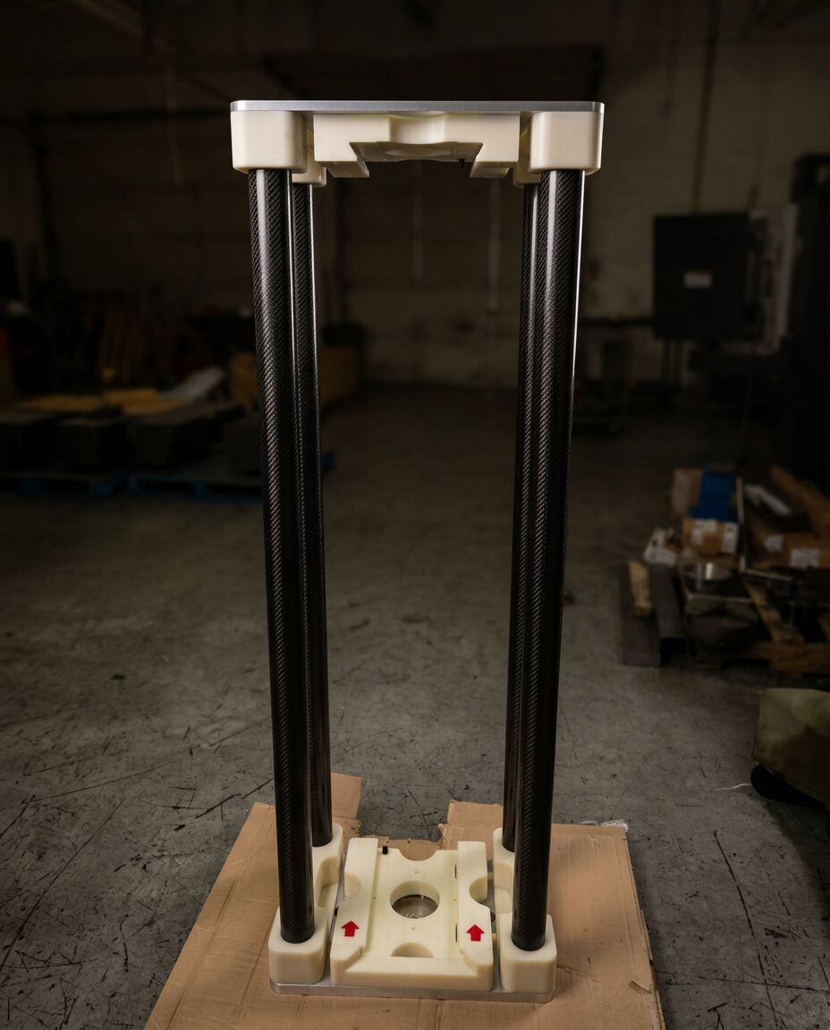 Machined and assembled composite column standing on the shop floor