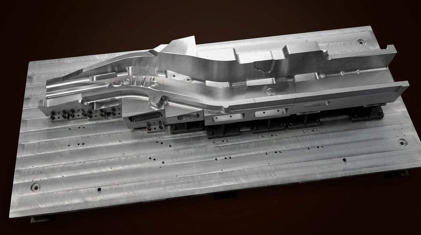 Long machined aluminum fixture bolted to a base plate