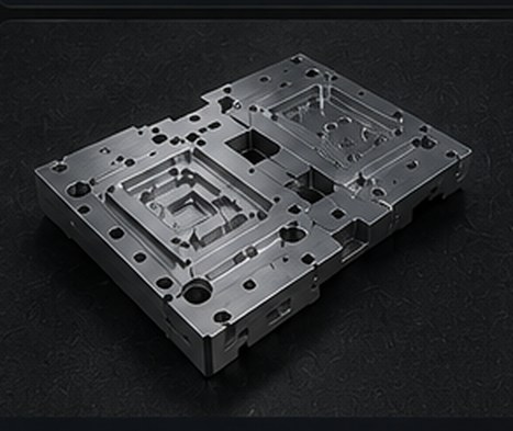 Large machined mold base plate with pockets and drilled holes