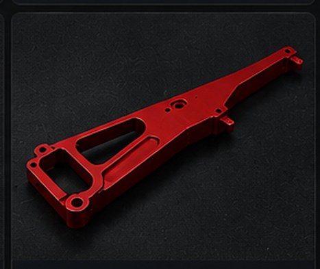 Red anodised machined tooling arm with lightening pockets