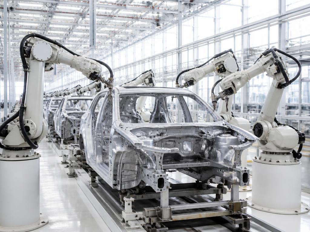 Daylit automotive body assembly line with robotic arms