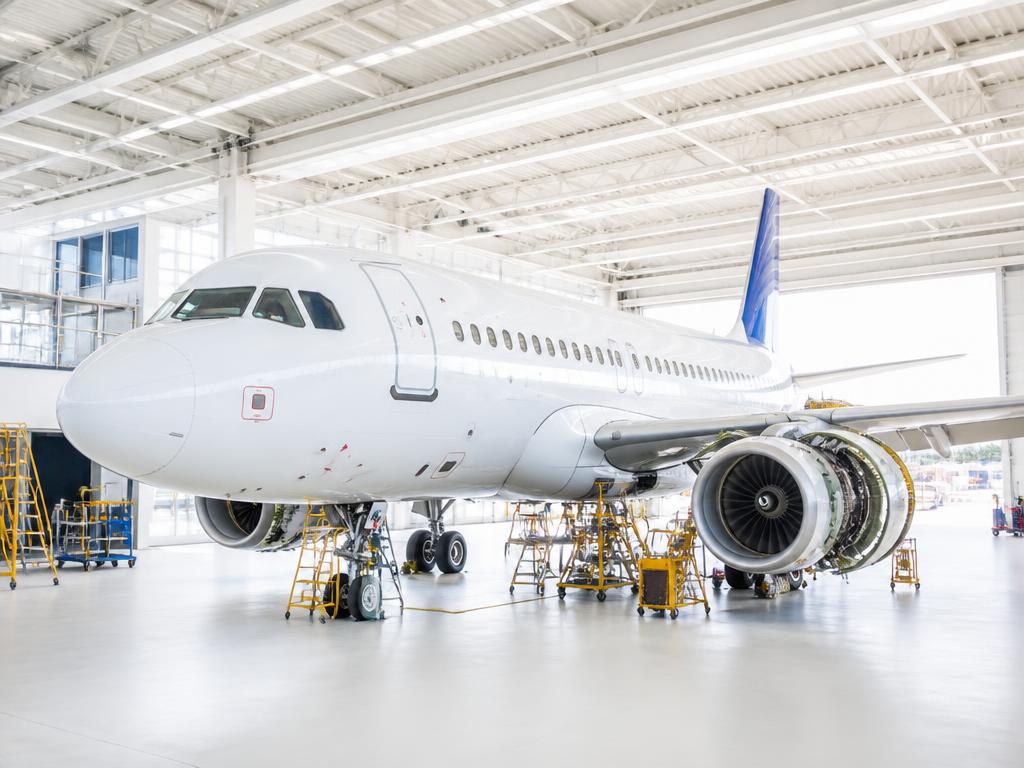 Commercial aircraft in a bright white maintenance hangar