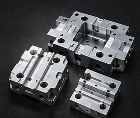 Machined steel mold components with precision bores and pockets