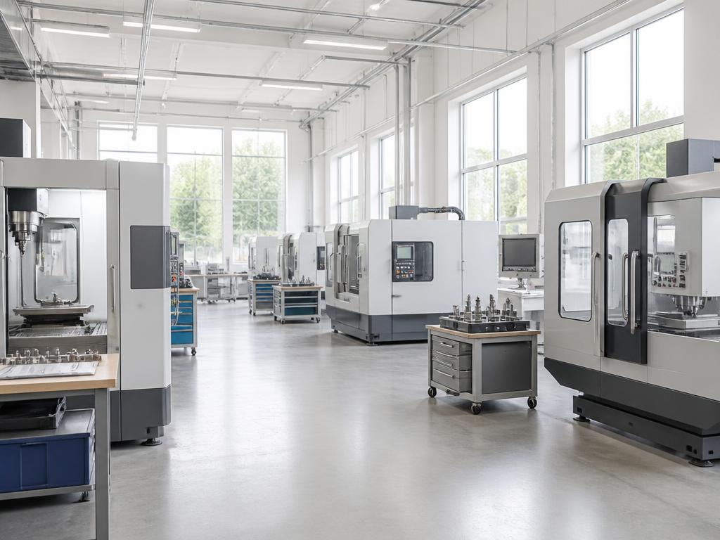 Bright daylit machine shop with CNC machining centres