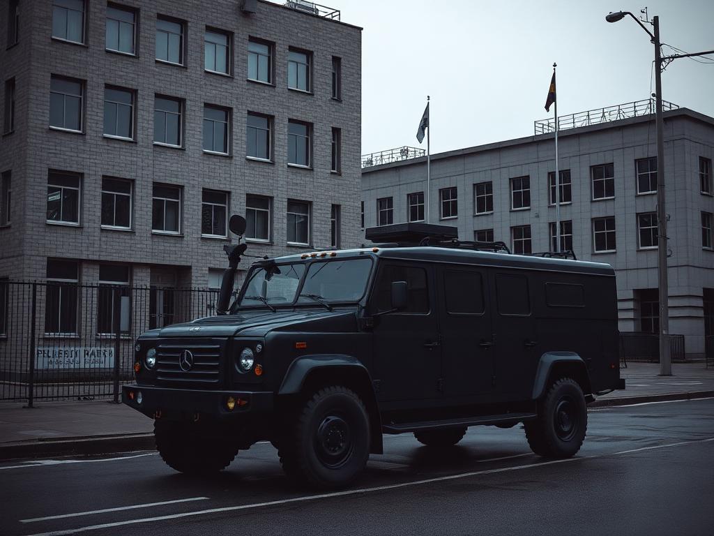 Defence utility vehicle outside a government building